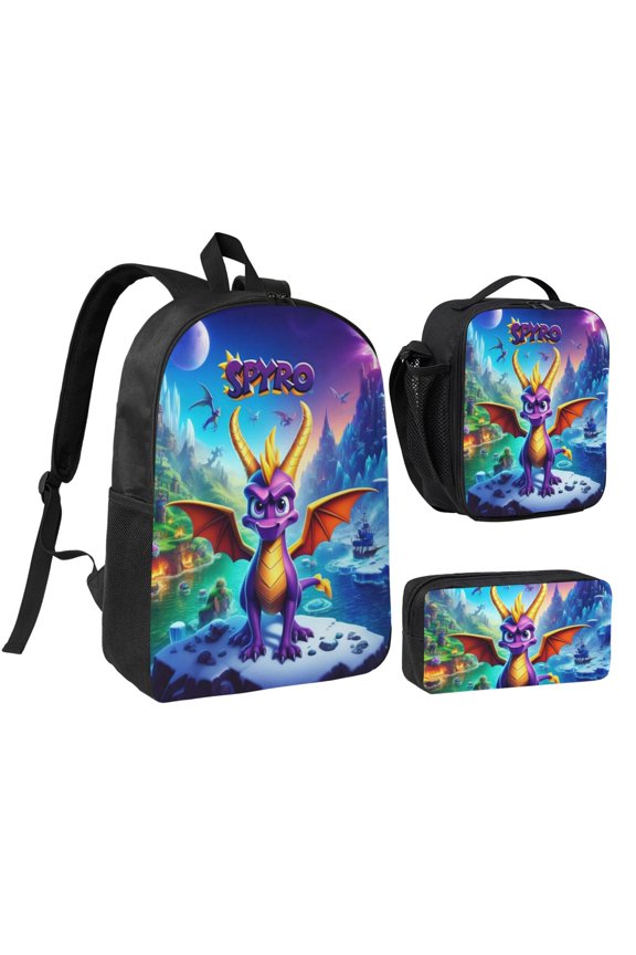 17IN Spy-r-0 Purple Dragon Backpack 3Pcs An-ime Cartoon Backpack Set Cute Bookbag with Lunch Box and Pencil Case