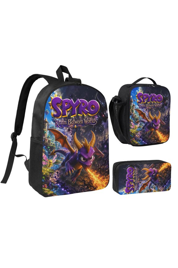 17IN Spy-r-0 Purple Dragon Backpack 3Pcs An-ime Cartoon Backpack Set Cute Bookbag with Lunch Box and Pencil Case