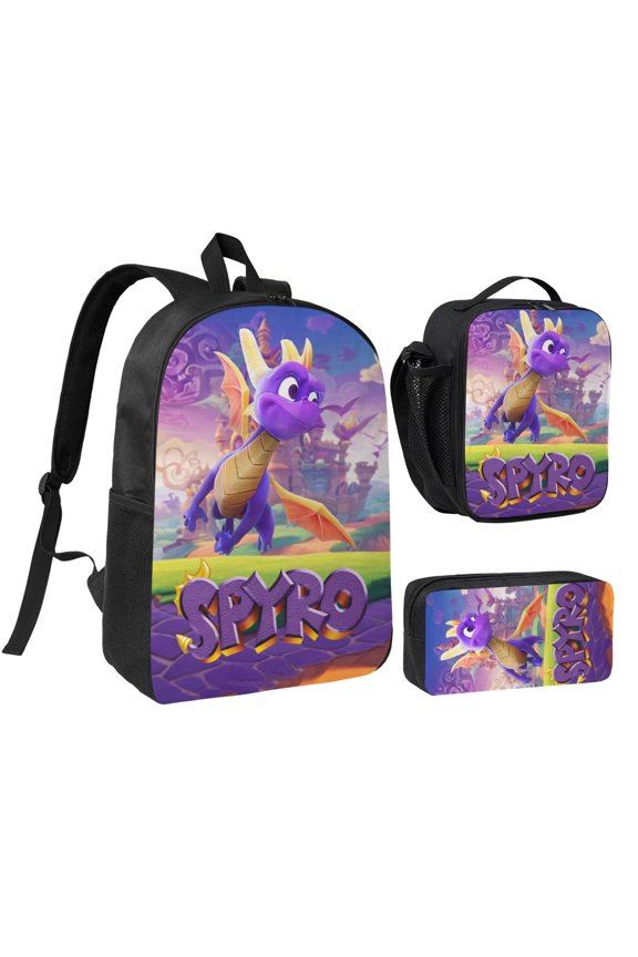 17IN Spy-r-0 Purple Dragon Backpack 3Pcs An-ime Cartoon Backpack Set Cute Bookbag with Lunch Box and Pencil Case