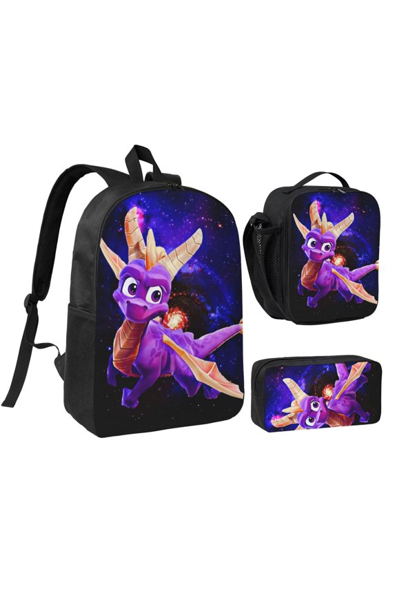 17IN Spy-r-0 Purple Dragon Backpack 3Pcs An-ime Cartoon Backpack Set Cute Bookbag with Lunch Box and Pencil Case