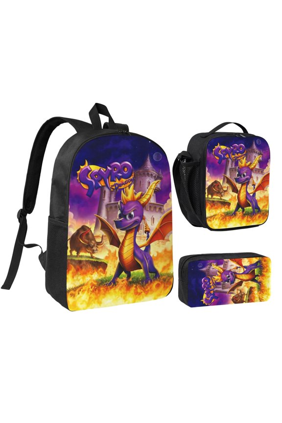 17IN Spy-r-0 Purple Dragon Backpack 3Pcs An-ime Cartoon Backpack Set Cute Bookbag with Lunch Box and Pencil Case
