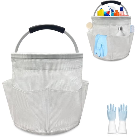 17L Cleaning Caddy with Handle, 17L Portable Cleaning Bucket Organiser with 6 Pockets for Outdoor Camping Garden Harvest Basket Home Bathroom Storage(Clear)