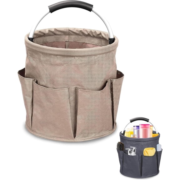 17L Cleaning Caddy with Handle, Foldable Cleaning Supply Caddy, with Handle and 6 Pockets, for Outdoor Camping Harvest Basket Bathroom Storage (Khaki)