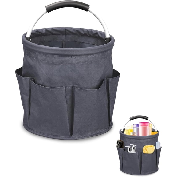 17L Cleaning Caddy with Handle, Foldable Cleaning Supply Caddy, with Handle and 6 Pockets, for Outdoor Camping Harvest Basket Bathroom Storage (Gray)