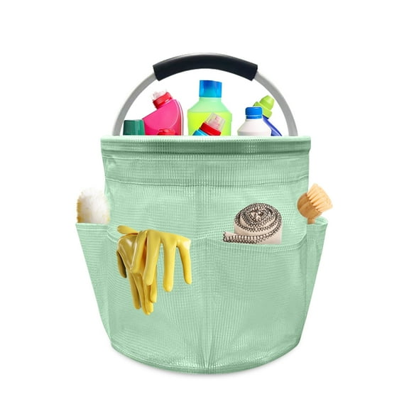 17L Foldable Cleaning Bucket Storage Bag, Tool Bag Kit with Handle and 6 Outer Pockets, Multipocket Craft Caddy Organizer for Cleaning Utensils(Clear Green)