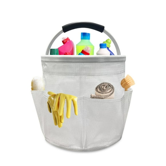 17L Foldable Cleaning Bucket Storage Bag, Tool Bag Kit with Handle and 6 Outer Pockets, Multipocket Craft Caddy Organizer for Cleaning Utensils(Clear)