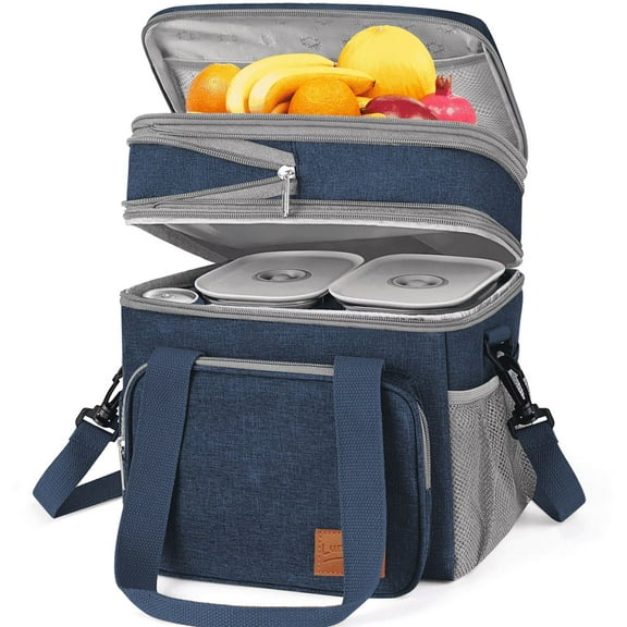 17L Insulated Lunch Bag for Men/Women, Reusable Dual Compartment Leakproof Lunch box for Work, Picnic, Beach, Lunch Tote Cooler Bag with Adjustable Shoulder Strap/Side Mesh Pocket, Blue