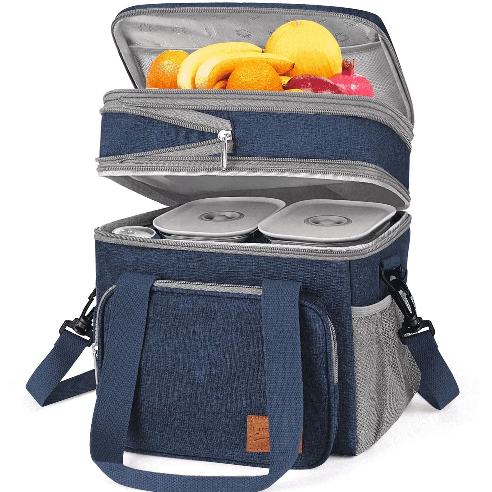 17L Large Insulated Lunch Bag for Men Women, Dual Compartment Leakproof Lunch Box with Adjustable Shoulder Strap, Cooler Tote for Work Picnic Beach Travel, Blue