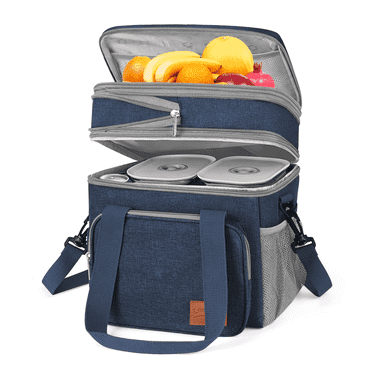 17L Lunch Bag for Men/Women, Reusable Insulated Lunch Bag, Double Deck Leakproof Lunch box for Work, Picnic, Beach, Lunch Tote Cooler Bag with Adjustable Shoulder Strap/Side Mesh Pocket, Blue