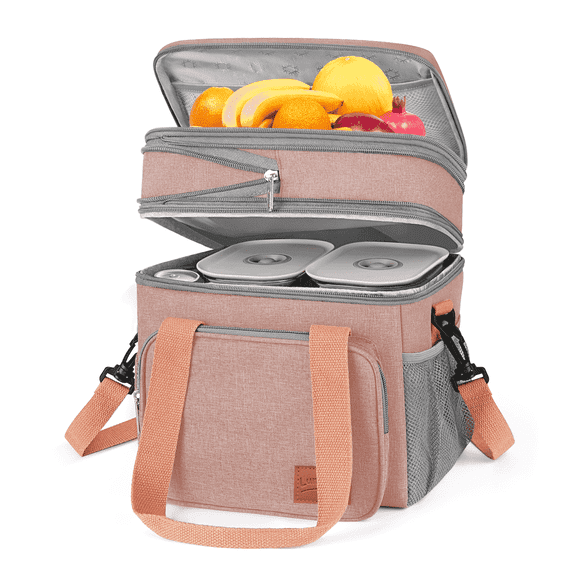 Insulated Lunch Box for Women Men, 17L Large Expandable Dual Compartment Lunch Bag, Leakproof Adult Lunchbox with Shoulder Strap, Cooler Warmer Lunch Bag for Work Picnic Camping, Pink