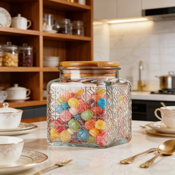 17Oz Clear Embossed Square Glass Jar, Airtight Food Storage Container with Wooden Lid, Moisture Proof Canister for Candy Coffee Beans Snacks Kitchen Countertop