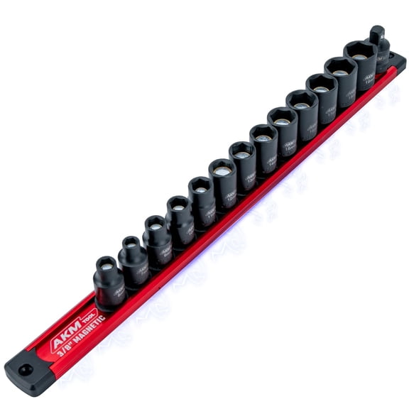 17PCS 3/8 Inch Drive Magnetic Impact Socket Set, Metric, 7mm-19mm, 6 Point, Cr-Mo, Square Drive, Magnetic Socket with Universal Joint, Drill Bit Adapter & Extension