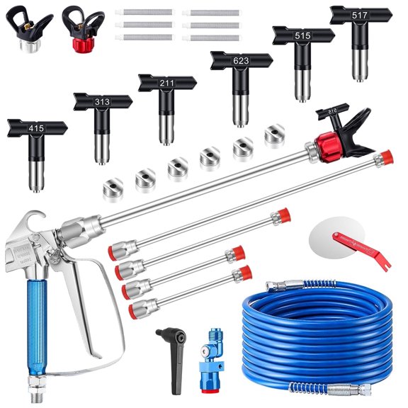 17PCS Airless Paint Sprayer Gun Kit, 3600PSI Airless Spray Gun | 50 Ft Hose & 6 Pcs Reversible Spray Tips & 4Pcs Extension Rod & 6Pcs Filters & Guide Tool & Nozzle Seat