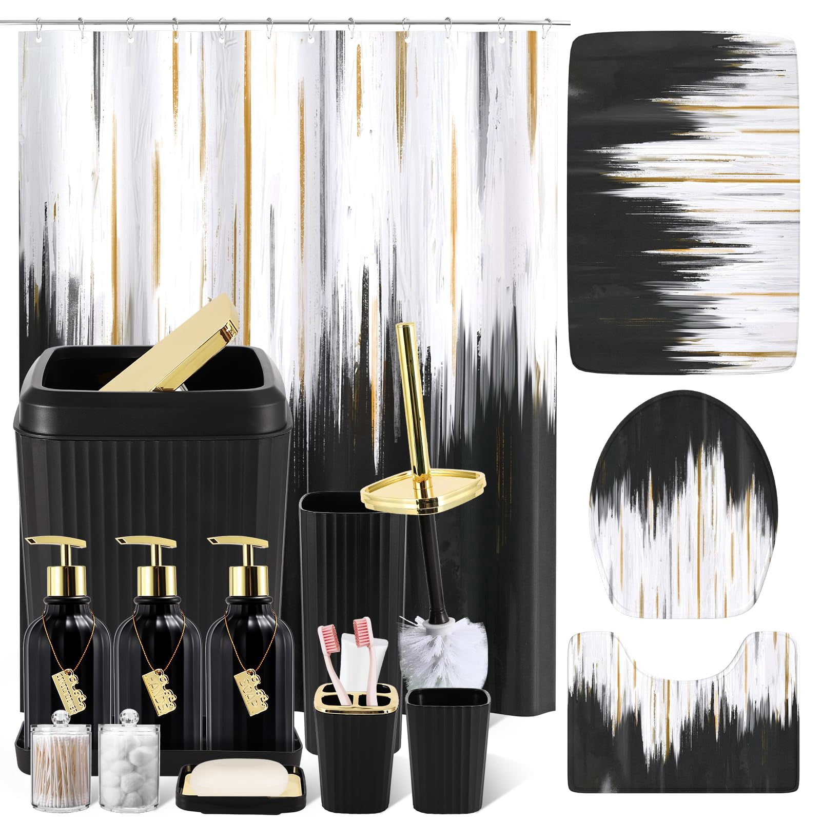 17PCS Bathroom Accessories Bathroom Set Black Bathroom Accessories,Toilet Brush, Trash Can, Qtip Holder Dispenser& 3PCS Soap Dispenser