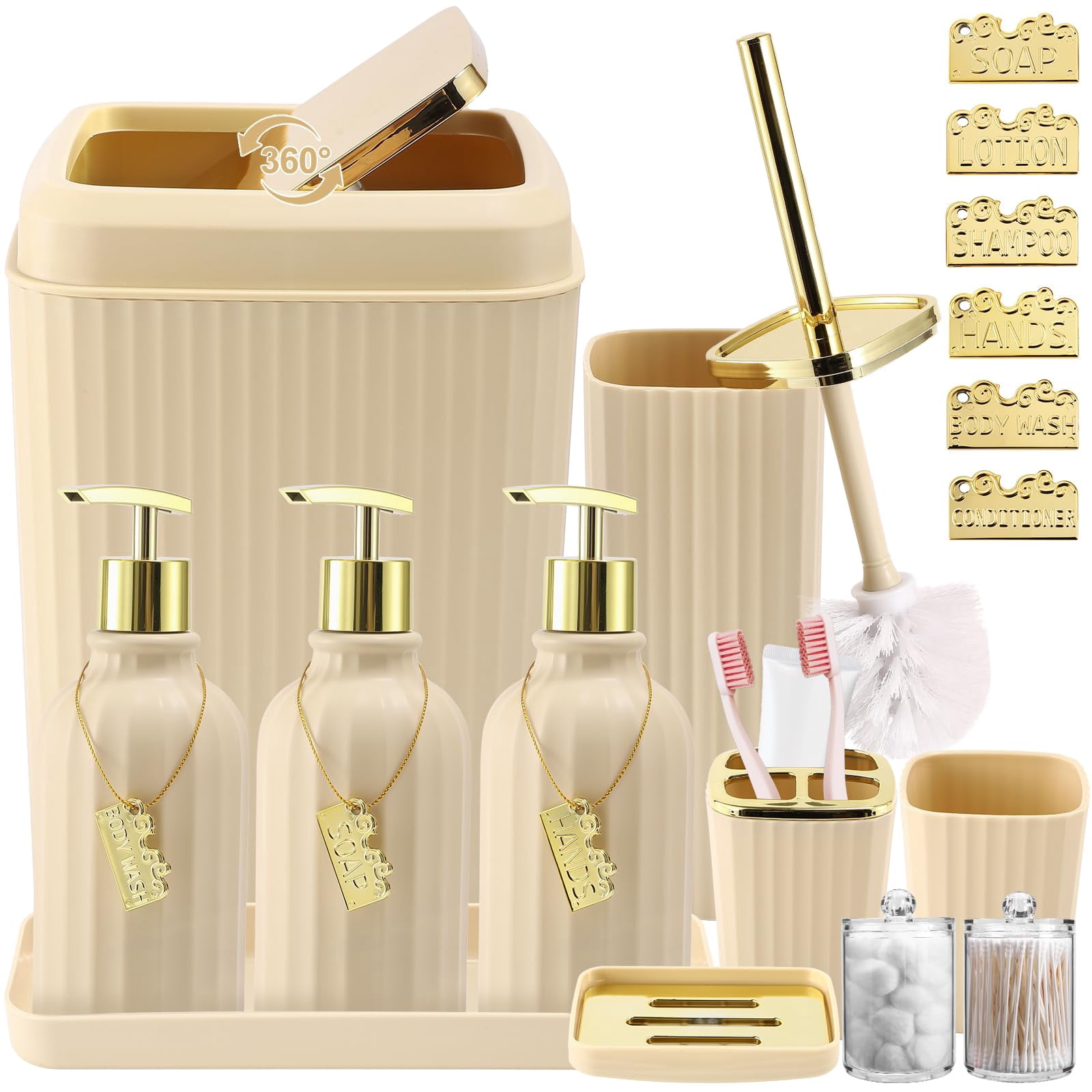 17PCS Bathroom Accessories Bathroom Set Black Bathroom Accessories,Toilet Brush, Trash Can, Qtip Holder Dispenser& 3PCS Soap Dispenser
