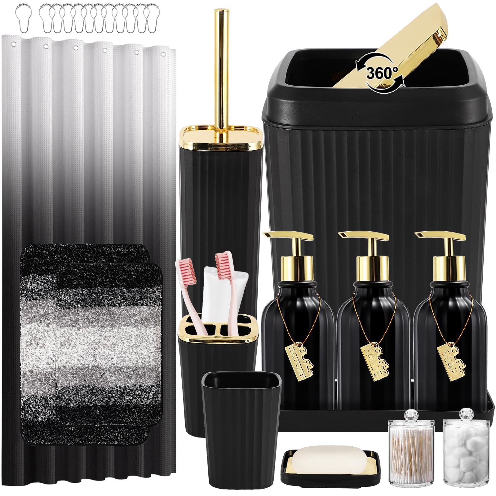 17PCS Bathroom Accessories Bathroom Set Black Bathroom Accessories,Toilet Brush, Trash Can, Qtip Holder Dispenser& 3PCS Soap Dispenser