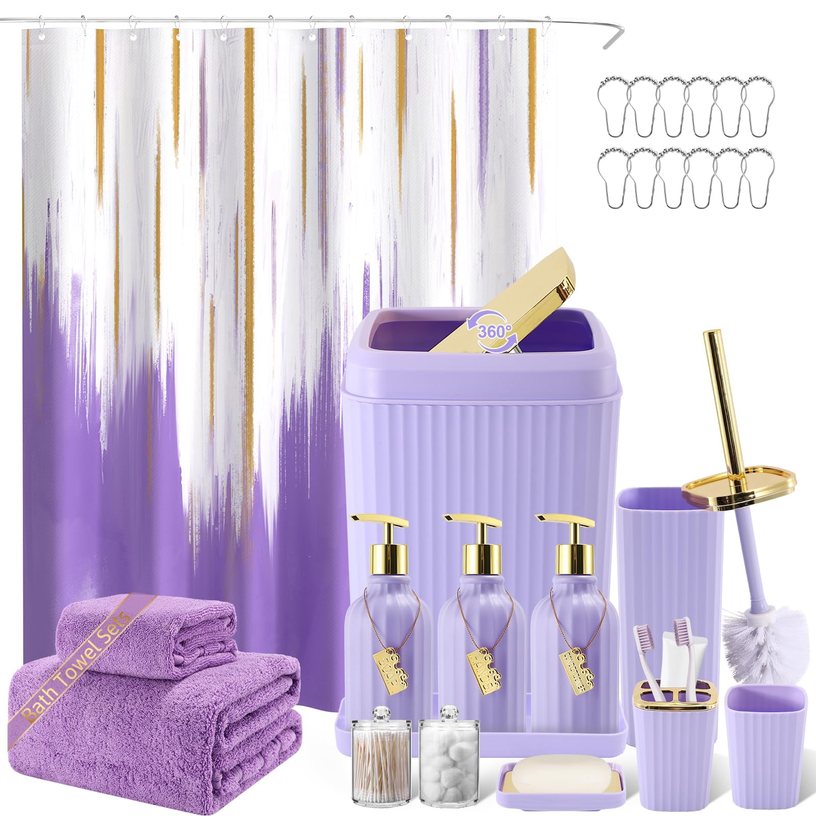 17PCS Bathroom Accessories Bathroom Set Black Bathroom Accessories,Toilet Brush, Trash Can, Qtip Holder Dispenser& 3PCS Soap Dispenser