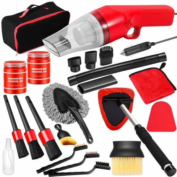 17PCS Car Cleaning Kit, Car Interior Detailing Kit with Red High Power Handheld Vacuum, Detailing Brush Set, Windshield Cleaner, Cleaning Gel, Complete Auto Accessories for Women