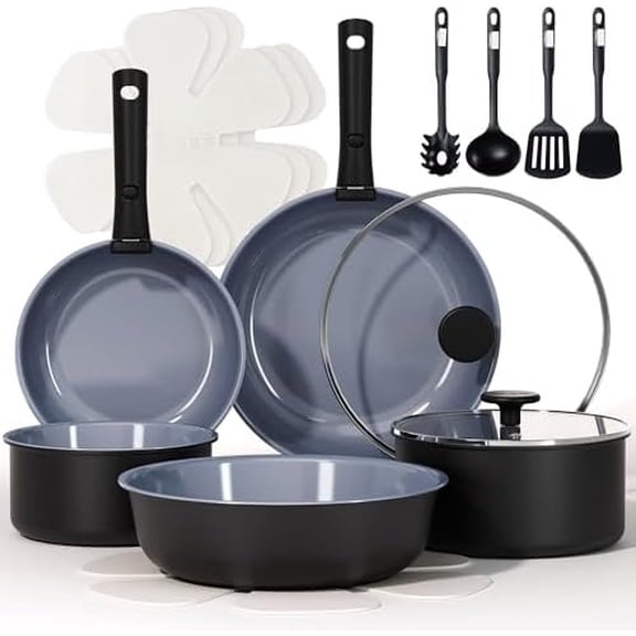 17PCS Ceramic Cookware Sets, Black and Gray, Pots and Pans Set Non Stick Non Toxic, Induction Cookware, Kitchen Cookware Sets, Pots Set for Healthy Cooking
