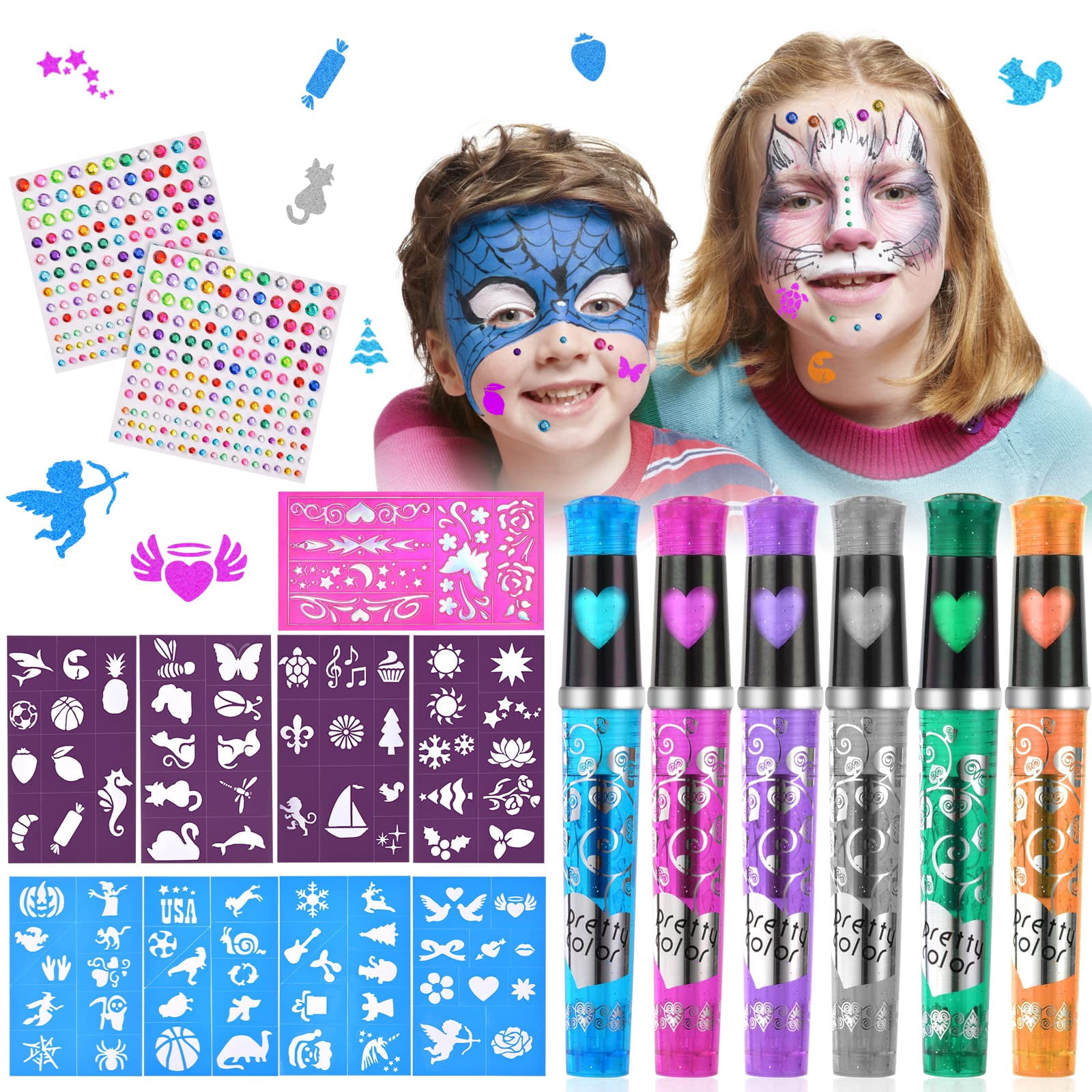 17PCS Children's Tattoo Pen, 6 Glitter Tattoo Pen Kit with 9 Stencils ...