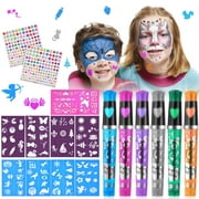 17PCS Children's Tattoo Pen, 6 Glitter Tattoo Pen Kit with 9 Stencils and 2 Rhinestone Stickers, Shimmery Body Tattoo Markers for Kids Party Dress Up