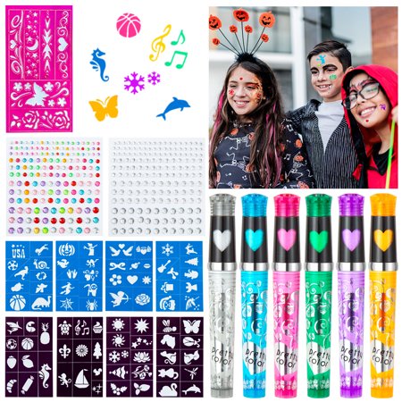 17Pcs Temporary Tattoo Pen for Party Dress Up, 6 Colors Glitter Tattoo Pen Kit with 9 Tattoo Stencils and 2 Rhinestone Stickers, Shimmery Body Tattoo Markers for Kids Adults