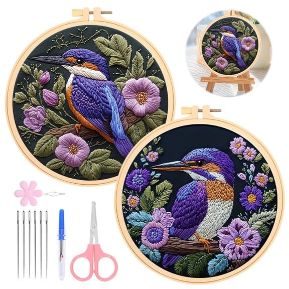 17PCS Classic Embroidery Stitches Practice Kit, Embroidery Kit for Beginners,Pre-Stamped Patterns, 7.8-Inch Hoop, Threads & Needles, DIY Needlework Craft Gift for Women(Purple)