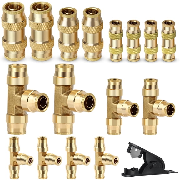17PCS DOT Brass Air Brake Line Fittings Kit, 1/4" 3/8" 1/2" DOT Brass Push in Connect Straight & Tee Union Fittings Air Hose Fitting Kit for Car Truck Trailers Air Brake System and Industrial Use