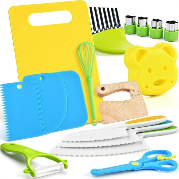17PCS Kids Cooking sets Real Cooking Montessori Kitchen Tools for Toddlers Kids Safe Knives for 2/3/4/5/6/7/8 Year Old
