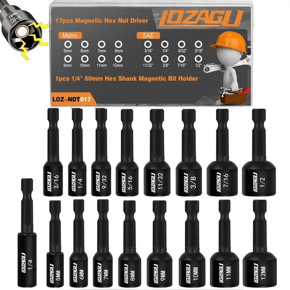 17PCS Magnetic Nut Driver Set | SAE and Metric Premium Impact Power Hex Drill Bit Master Kit 1/4 Inch Shank Cr-V Steel (17PCS (Short))