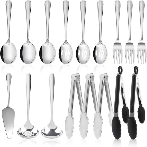 17PCS Serving Utensils Set Flatware, Stainless Steel Serveware Large Serving Spoons, Slotted Spoons, Forks, Tongs, Cake Server,Soup and Skimmer Spoon for Buffet, Catering, Party, Dinner (Silver)