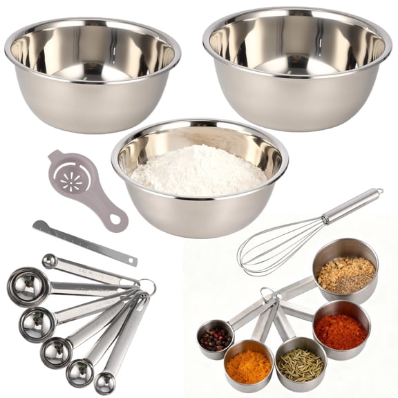 17PCS Stainless Steel Mixing Bowls Set, Includes 3 Sizes Containers, 12 Measuring Tools, 10" Whisk, Plastic Egg Separator, Essential Kitchen Utensil Set for Cooking, Baking, Meal Prep