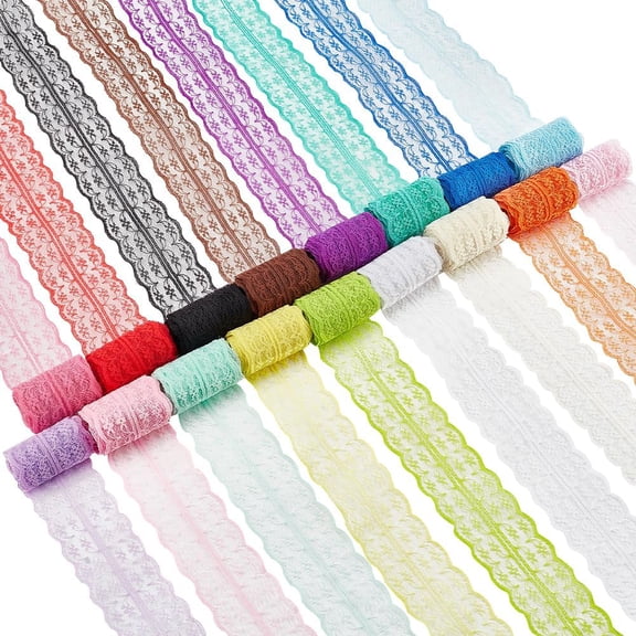 17Pcs 17 Colors Polyester Floral Lace Trims Wavy Edge Lace Ribbon for Sewing and Art Craft Projects Mixed Color 1-5/8 inch(42mm) 2 yards/pc