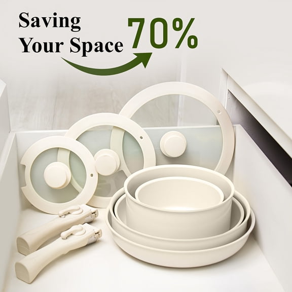17Pcs Ceramic Nonstick Cookware Set with Detachable Handles70%Space-Saving Stackable Design, Dishwasher Safe, Ideal for Frying, Stir-Frying, Stewing & Boiling