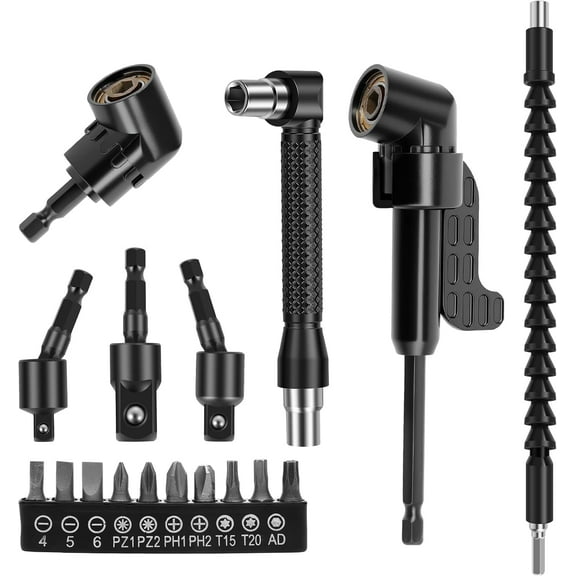 17Pcs Flexible Drill Bit Extension, Include 3Pcs Rotatable Socket Adapter 2Pcs Hex Shank 105 Right Angle Drill Attachment 90 Angled Bits and Bendable Extension and 10 Short Screwdriver Bits