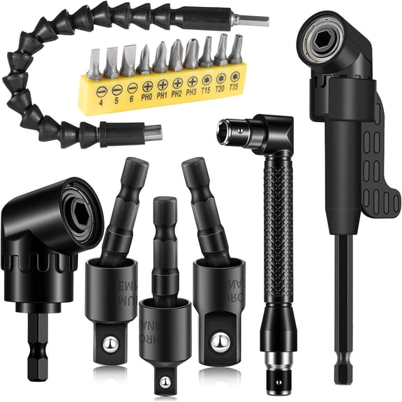 17Pcs Flexible Drill Bit Extension Set Includes 105° Right Angle Drill Bit Extensions, 3 Pcs 360° Rotatable Socket Adapters, Bendable Extension Rod, 90° Right Angle Screwdriver and 10 Short Scre