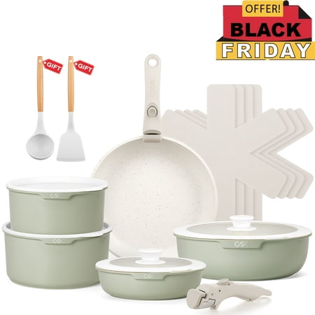 17Pcs Heavy-Duty Nonstick Cookware Set with Detachable Handles, Stackable Pots & Pans, Induction & Oven Safe, Green/Cream White, for All Stoves, Frying & Boiling