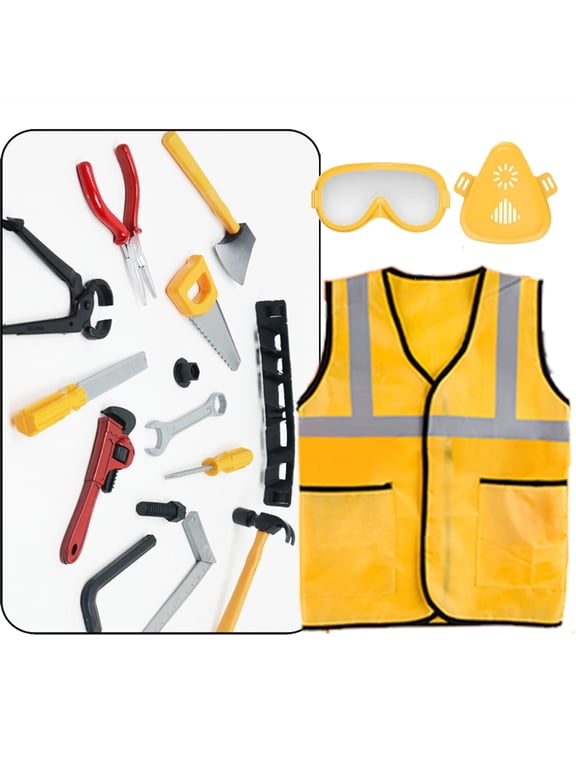 17Pcs Kids Construction Worker Costume Dress-up Set for Boys 3-6 Year Toddler Birthday Christmas Present, Pretend Role Play Builder Kit Preshool Toys with Goggles, Mask, Tool Belt, Vest, and More