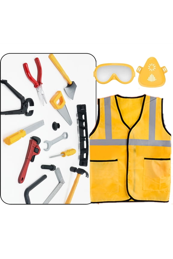17Pcs Kids Construction Worker Costume Dress-up Set for Boys 3-6 Year Toddler Birthday Christmas Present, Pretend Role Play Builder Kit Preshool Toys with Goggles, Mask, Tool Belt, Vest, and More