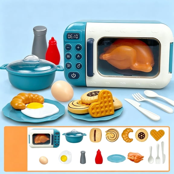 17Pcs Kids Pretend Play Microwave Oven Toy Set, Realistic Simulated Kitchen Cooking Toy, Safe Plastic Role Play Gift Toy for Toddler Boys Girls Ages 4-6 Birthday Party