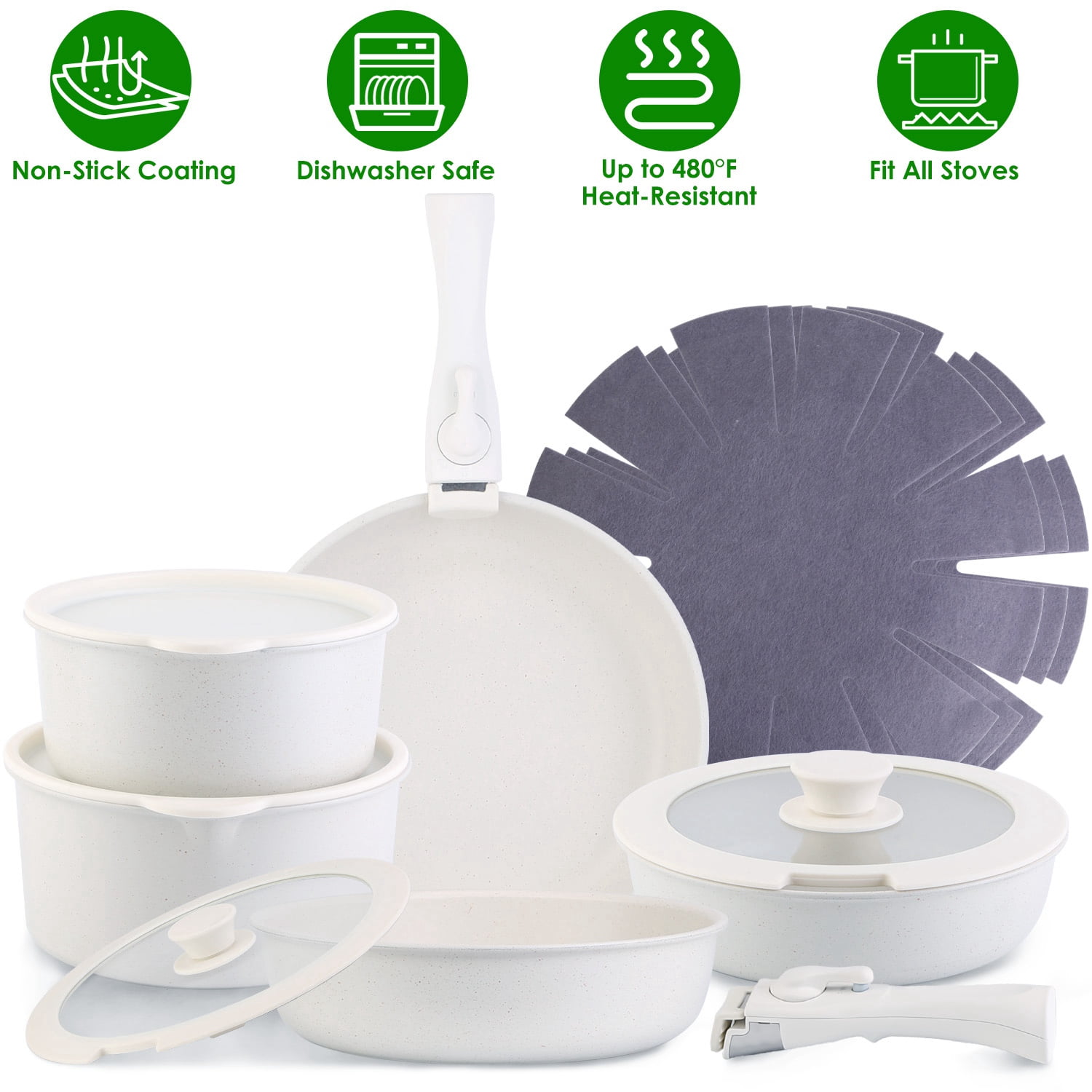 17Pcs Kitchen Induction Nonstick Cookware Set w/ Detachable Handle  Fast Even Heating Pots And Pans Set