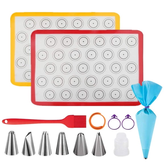 17Pcs Macaron Silicone Baking Mat Baking Set,2 Pack Non-Stick Half Sheet Macaroon Silicone Mats with 6 Stainless Steel Piping Tips,Disposable Piping Bag,Bag Ties,Coupler & Silicone Basting Brush