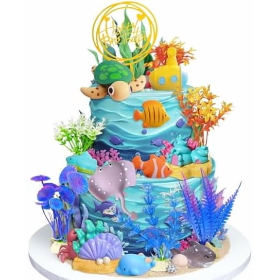 17Pcs Ocean Animal Cake Toppers Under The Sea Cake Decorations with Sea Turtle Fishing Cake Topper for Under the Sea Birthday Party Supplies