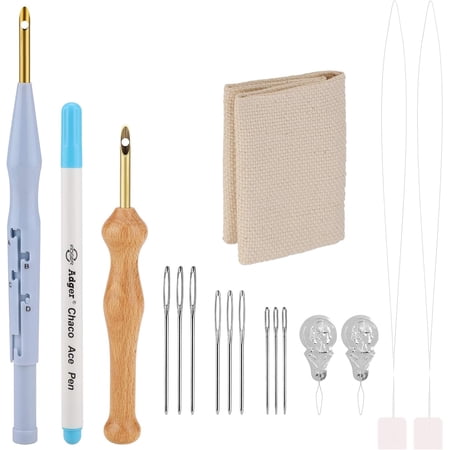 17Pcs Punch Needle Embroidery Kits, Adjustable Rug Yarn Punch Needle, Wooden Handle Embroidery Pen, Needle Threader, Big Eye Needle, Needle Cloth for Embroidery Floss Cross Stitching Beginner