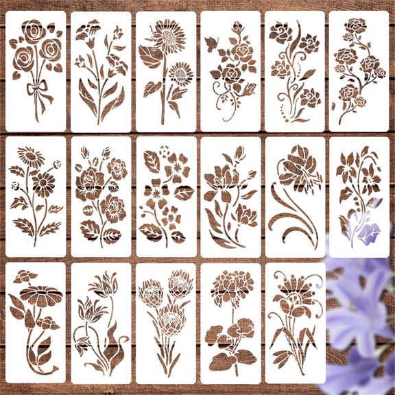 17Pcs Reusable PET Floral Painting Stencils Multi Flower Hollow Pattern DIY Art Template Waterproof Durable Craft Mold for Wall Wood Fence Home Garden Handmade Decoration