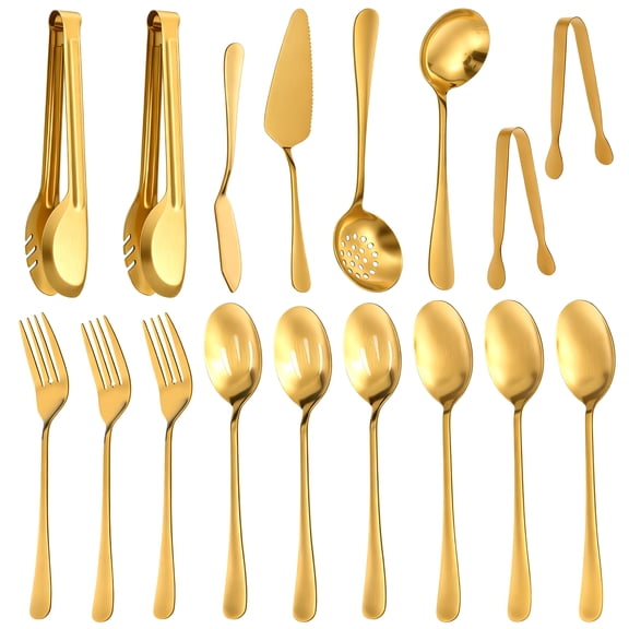 17Pcs Serving Utensil Stainless Steel Serving Spoons Slotted Spoons Forks Tongs Cake Pie Server Soup Spoon Buffet Banquet Cutlery Set for Party Entertaining Catering