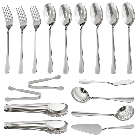 17Pcs Serving Utensil Stainless Steel Serving Spoons Slotted Spoons Forks Tongs Cake Pie Server Soup Spoon Buffet Banquet Cutlery Set for Party Entertaining Catering