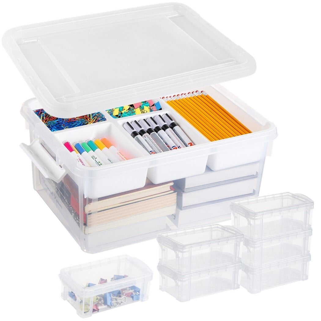 17QT Large Plastic Storage Box, Pen Storage Bin with 6 Clear Pencil ...