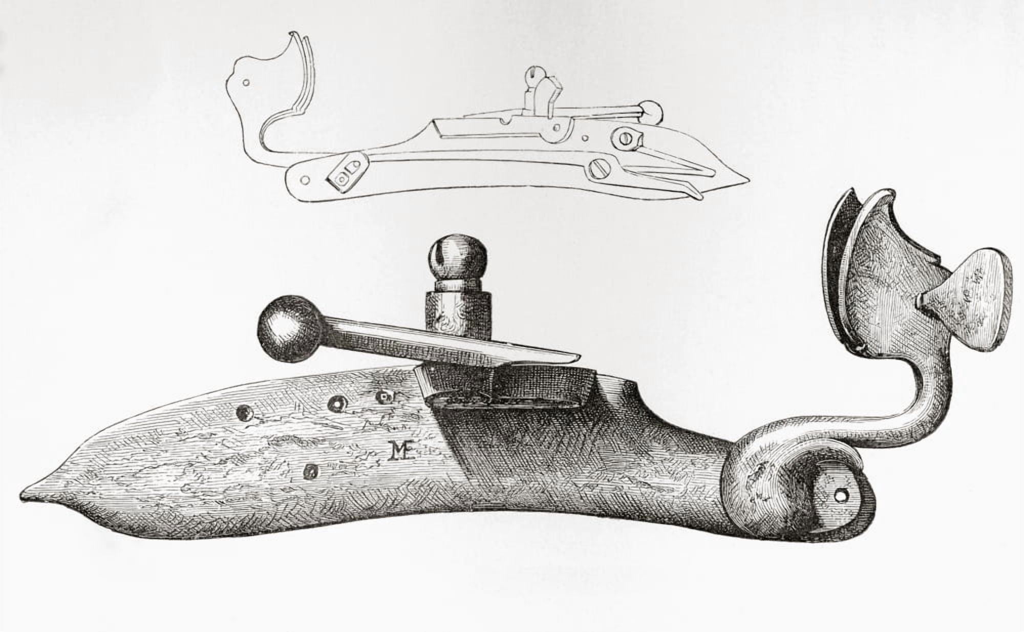 17Th Century Matchlock Mechanism Or Lock Used For Firing A Handheld Firearm From The British Army Its Origins Progress And Equipment Published 1868 Canvas Art - Ken Welsh Design Pics (18 x 11)
