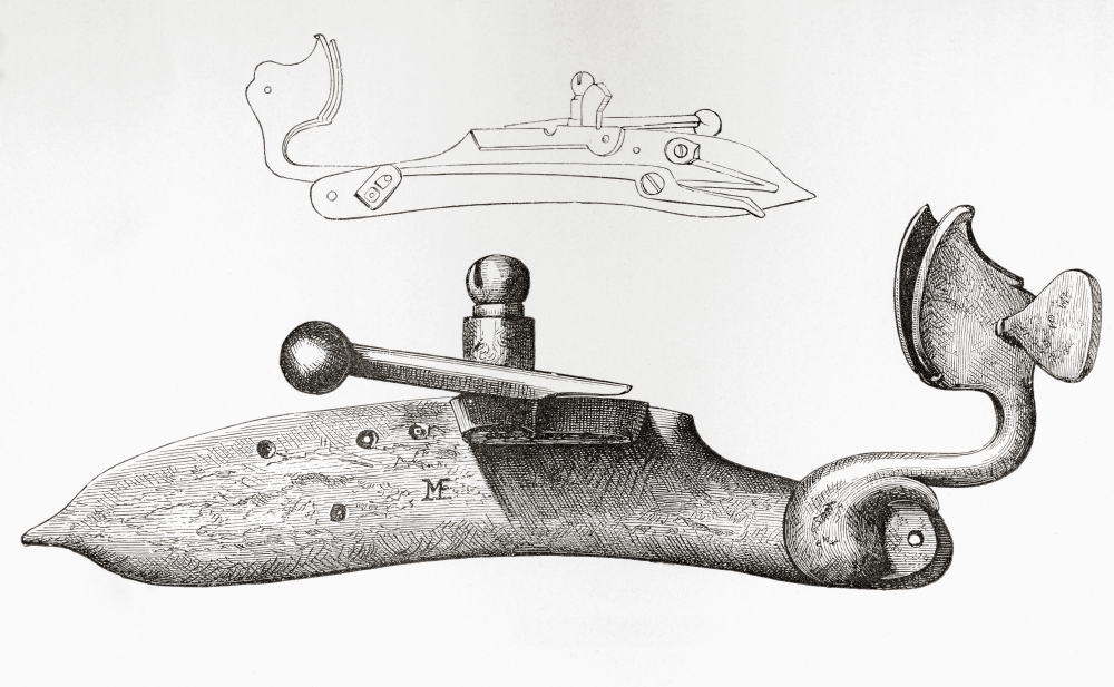 17Th Century Matchlock Mechanism Or Lock Used For Firing A Handheld Firearm From The British Army Its Origins Progress And Equipment Published 1868 Canvas Art - Ken Welsh Design Pics (36 x 22)